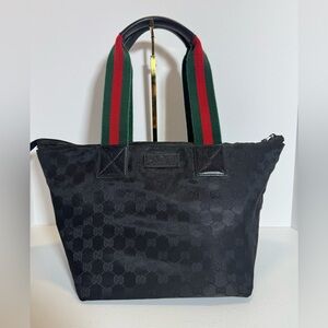 Black Gucci Tote Bag with Red and Green Straps